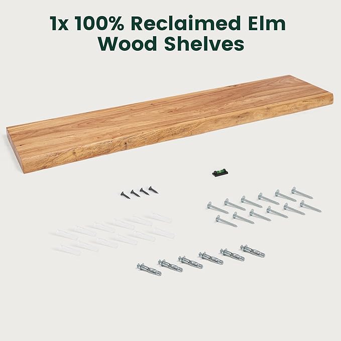 48 Inch Live Edge Floating Shelves, 8 Inch Deep Solid Elm Wood Wall Shelf, Heavy-Duty Wall Mounted Shelf with Invisible Brackets for Living Room, Bathroom, Kitchen, Set of 1, Natural Color