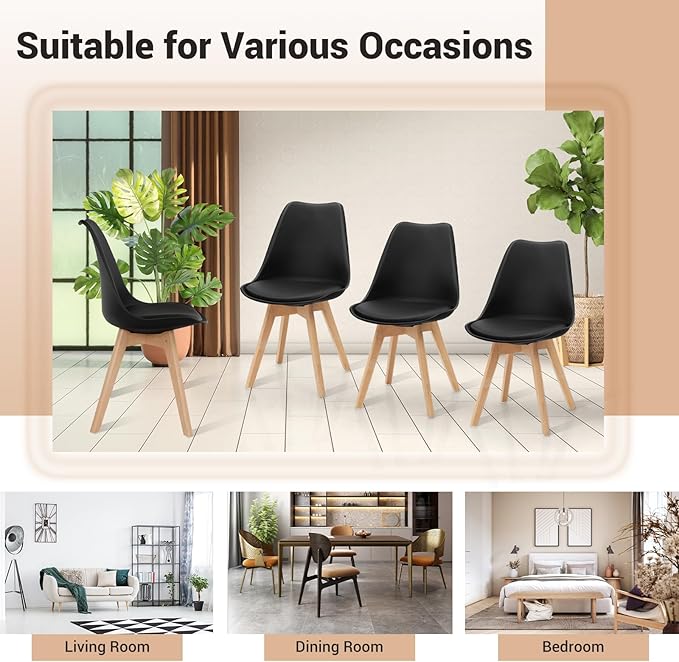 GOFLAME Dining Chairs Set of 4, Mid Century Modern Armless Kitchen Chairs with Soft Padded Cushion, Upholstered Side Chairs with Solid Wood Legs for Dining Room, Kitchen, Living Room (Black)