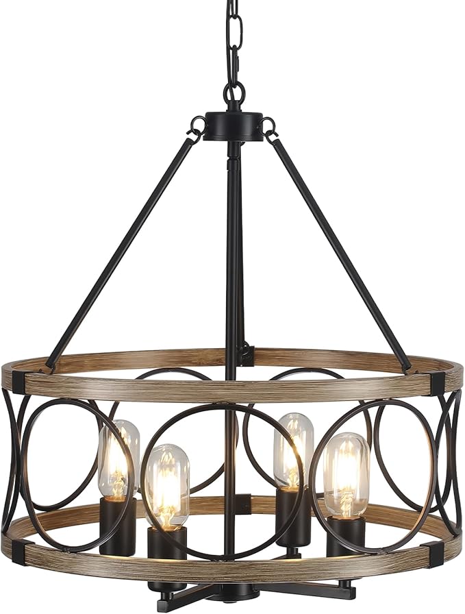 4-Light Farmhouse Chandelier, Rustic Faux Wood Chandeliers Dining Room Light Fixture, Round Pendant Light, Hanging Kitchen Island Light for Living Room, Entryway, Foyer-Black & Wood Grain