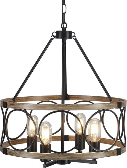 4-Light Farmhouse Chandelier, Rustic Faux Wood Chandeliers Dining Room Light Fixture, Round Pendant Light, Hanging Kitchen Island Light for Living Room, Entryway, Foyer-Black & Wood Grain