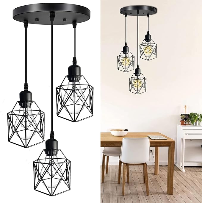 Industrial Pendant Light 3-Light,Adjustable Hanging Light Fixtures,Vintage Farmhouse Pendant Light with Metal Caged for Kitchen Dining Room Hallway,E26 Base,Black