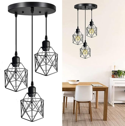Industrial Pendant Light 3-Light,Adjustable Hanging Light Fixtures,Vintage Farmhouse Pendant Light with Metal Caged for Kitchen Dining Room Hallway,E26 Base,Black