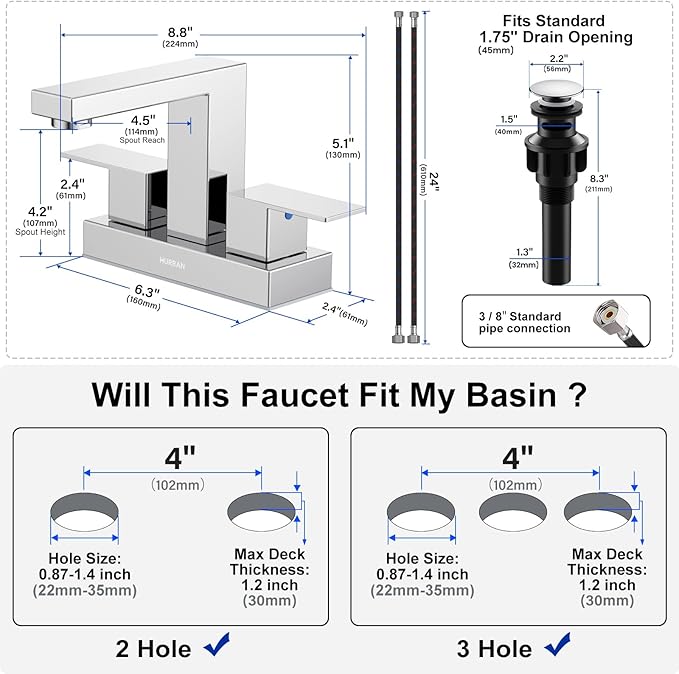 Bathroom Sink Faucet, Hurran 4 inch Chrome Bathroom Faucets for Sink 3 Hole with Pop-up Drain and Supply Lines, Stainless Steel 2-Handle Faucet for Vanity RV Restroom