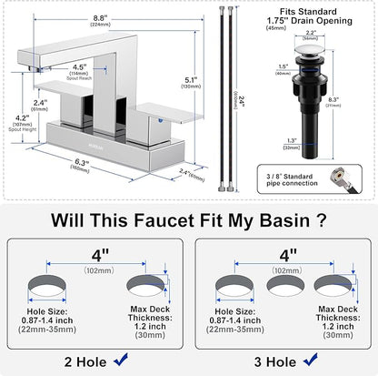 Bathroom Sink Faucet, Hurran 4 inch Chrome Bathroom Faucets for Sink 3 Hole with Pop-up Drain and Supply Lines, Stainless Steel 2-Handle Faucet for Vanity RV Restroom