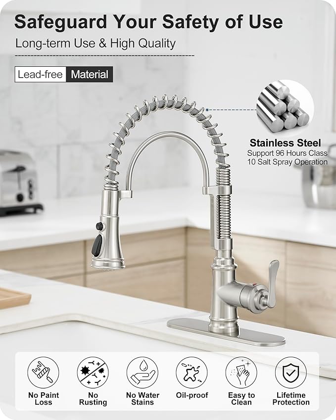 Pull-down Sprayer Kitchen Faucets Brushed Nickel 3 Mode Single Hole Kitchen Faucet 3 Hole, 360 Degree Swivel Stainless Steel Faucet for Kitchen Sink, 1 Handle Kitchen Sink Faucet with Deck Plate
