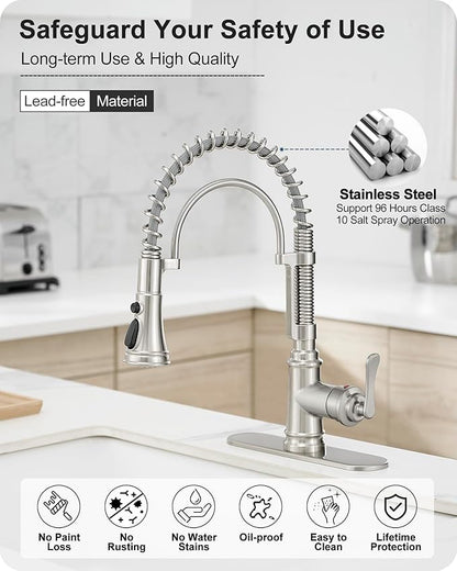 Pull-down Sprayer Kitchen Faucets Brushed Nickel 3 Mode Single Hole Kitchen Faucet 3 Hole, 360 Degree Swivel Stainless Steel Faucet for Kitchen Sink, 1 Handle Kitchen Sink Faucet with Deck Plate