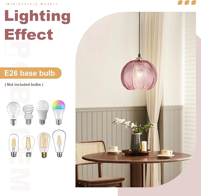 Hanging Lamp Pink Chandeleir Plug in Hanging Light Fixture with Cord Ribbed Glass Hanging Pendant Light Plug in Vintage Hanging Swag Lamps for Living Room Kitchen Dining Room Girls Bedroom