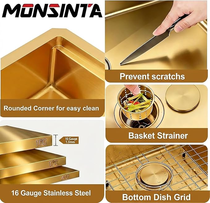Gold Bar Sink 13 x 15 Inch, Gold Undermount Kitchen Sinks,16 Gauge SUS304 Stainless Steel All in One Workstation Sinks with Accessories,13" x 15" x 10" Small Kitchen Sink For Wet Bar and RV