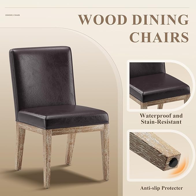MALOL Wooden Dining Chairs Set of 2, Modern Leather Upholstered Dining Room Chair, Kitchen Side Chairs, Farmhouse Dinner Chair with High Back for Kitchen, Brown