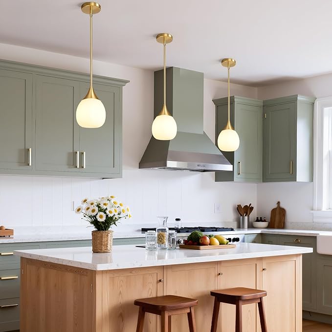 Kitchen Island Pendant Light: Mid Century Brushed Gold Hanging Light Fixtures with Milky Glass Globe - 6 Inch Farmhouse Chandeliers Ceiling Lighting for Dining Room