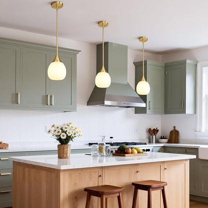 Kitchen Island Pendant Light: Mid Century Brushed Gold Hanging Light Fixtures with Milky Glass Globe - 6 Inch Farmhouse Chandeliers Ceiling Lighting for Dining Room