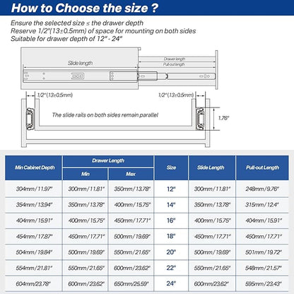 Soft Close Ball Bearing Drawer Slides 22 Inch, 5 Pairs 3-Section Full Extension Drawer Glides Heavy Duty Steel Side Mount Rails for Kitchen Cabinet，Tool Chest，Office Furniture，100 LBS