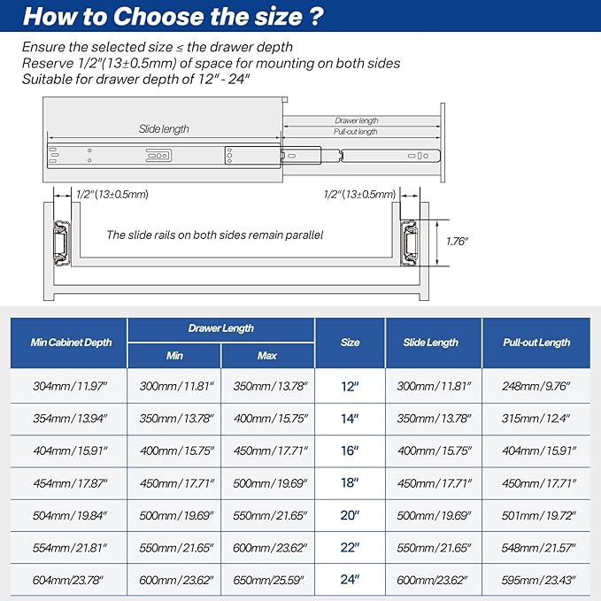 Soft Close Ball Bearing Drawer Slides 12 Inch, 1 Pair 3-Section Full Extension Drawer Glides Heavy Duty Steel Side Mount Rails for Kitchen Cabinet，Tool Chest，Office Furniture，100 LBS