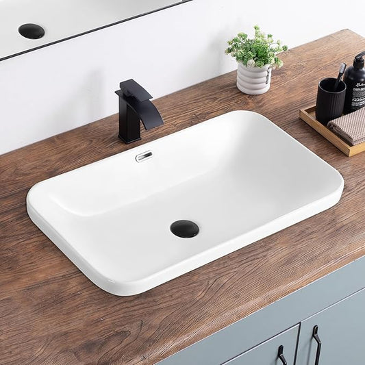 Bathroom Vessel Sink 27.3" X 15.5" Semi Recessed Bathroom Sink Rectangular Drop In Bathroom Sinks with Overflow White Ceramic Vessel Sinks for Bathroom Modern Above Counter Basin Vanity Sink