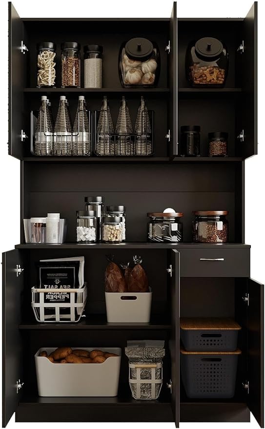 DMAITH 71" Black Kitchen Pantry Cabinets with Microwave Stand, 6 Doors & 3 Adjustable Shelves, Freestanding China Cabinet Hutch, Buffet Cabinet with Storage