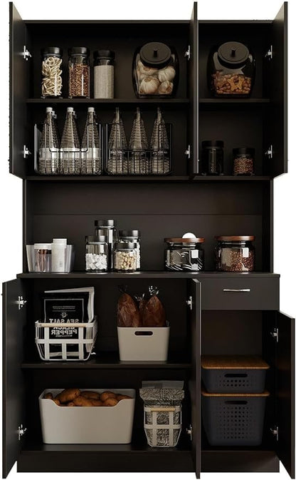 DMAITH 71" Black Kitchen Pantry Cabinets with Microwave Stand, 6 Doors & 3 Adjustable Shelves, Freestanding China Cabinet Hutch, Buffet Cabinet with Storage