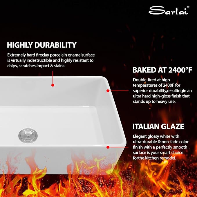Sarlai 36 White Farmhouse Sink - 36 x 20 Inch Kitchen Sink Apron Front Single Bowl Reversible Ceramic Porcelain Vitreous Fireclay Single Bowl Farmer Sinks Basin
