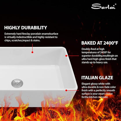 Sarlai 36 White Farmhouse Sink - 36 x 20 Inch Kitchen Sink Apron Front Single Bowl Reversible Ceramic Porcelain Vitreous Fireclay Single Bowl Farmer Sinks Basin