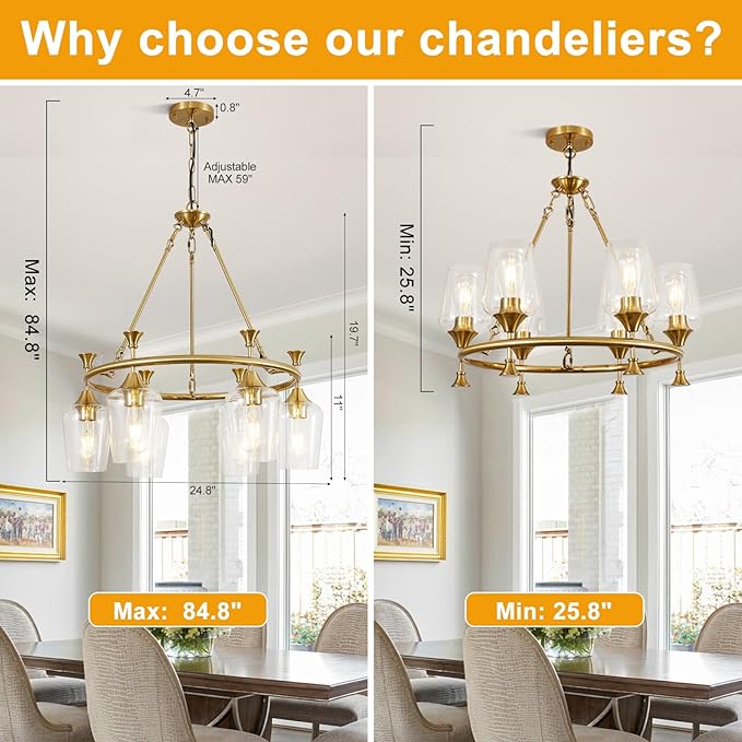 Modern Chandelier for Dining Room (25inch, 6-Light), Brushed Gold Dining Room Light Fixture Over Table with Clear Glass Shade, Industrial Hanging Pendant Lights Fixture for Kitchen Island Entryway