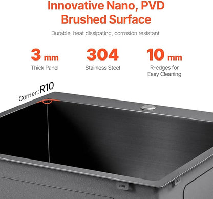 VEVOR 25" Recessed Kitchen Sink 9" Deep Top Mount Single Bowl Kitchen Sink 304 Stainless Steel Sink with Filter Basket Perfect for Home, RV, Laundry Room, Bar