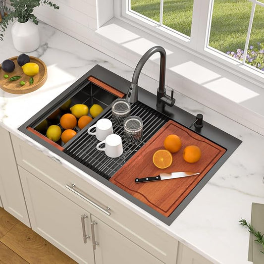 Dcolora 33 Inch Black Kitchen Sink -33×22 Drop In Kitchen Sink With Faucet Topmount Stainless Steel Sinks Overmount Single Bowl Workstation Nano Coating Surface,DC-SFDOE00005