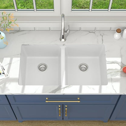 Lordear 33 Inch Granite Composite Kitchen Sink Double Bowl 33"X19" White Undermount 50/50 Quartz Sink With Ledge Classic Under Counter Basin