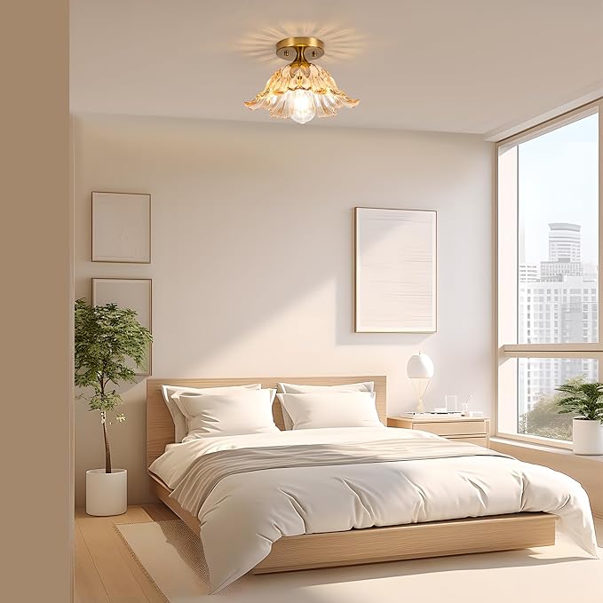 Semi Flush Mount Ceiling Light,Vintage Lights Fixture Ceiling Amber Shade Glass， E26 Ceiling Light Fixtures for Closet Kitchen Bedroom, Bulb Included