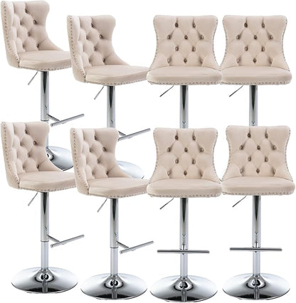 Rhomtree Velvet Swivel Bar Stools Upholstered Bar Stool with Button Tufted Back and Pull Ring Height Adjustable Barstools 25-33 Inch for Home Pub and Kitchen Island (Beige with Silver Base, Set of 8)