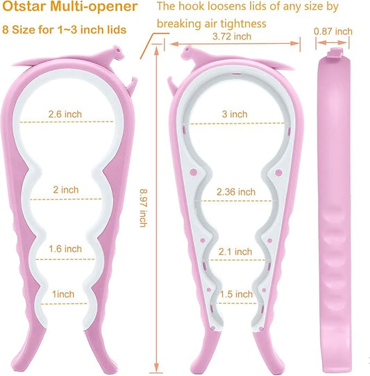 Otstar Jar Opener Bottle Opener and Can Opener for Weak hands, Seniors with Arthritis and Anyone with Low Strength, Mutil Jar Opener Get Lids Off Easily (Pink)