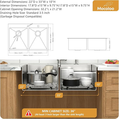 Mocoloo 33 Drop In Kitchen Sink Double Bowl 33 x 22 Drop Sink Double Bowl 50/50 T304 Stainless Steel 16 Gauge Topmount Handmade, 10 Inch Deep