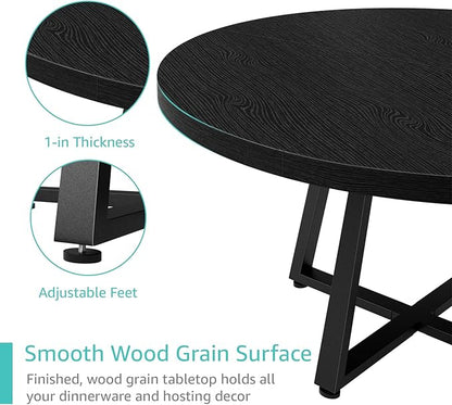 NUTIKAS 47 Inch Round Dining Table for 4, Modern Black Wood Grain Kitchen Table with Cross Metal Legs, Circular Industrial Dinner Table for Small Spaces, Breakfast Nook, Apartment, Office