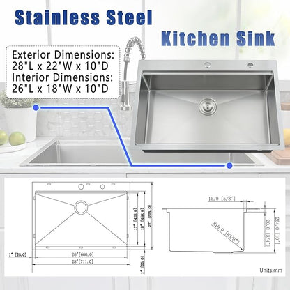 28x22 Drop In Kitchen Sink and Faucet Combo Set - 28 Inch Drop In Kitchen Sink Single Bowl, Stainless Steel 10 Inch Deep Workstation Drop-in Sinks with Accessories