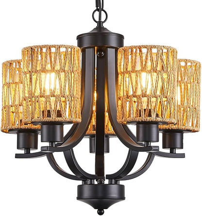 5-Light Dining Room Chandelier,Modern Small Rattan Chandeliers Black Rustic Metal Farmhouse High Ceiling Pendant Light Fixtures for Living Room,Kitchen,Foyer,Bedroom