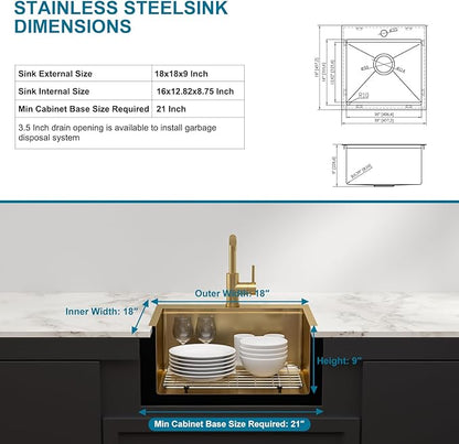 Gold Bar Sink With Faucet Drop In Bar Sinks 18 Inch Stainless Steel Indoor Outdoor Kitchen Workstation16 Gauge Single Bowl Small Sinks With Pull-out Faucet 18"x18"x9"