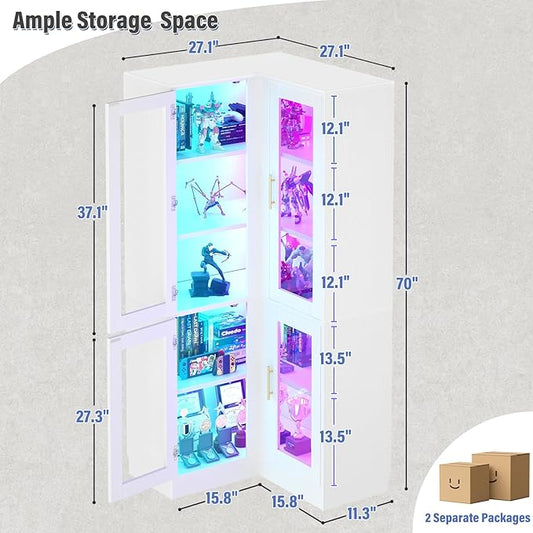 Armocity Corner Bookcase with Doors, 70" Tall Corner Bookshelf Cabinet with LED Lights, 6-Tier Corner Book Shelf for Home Office, Living Room, White