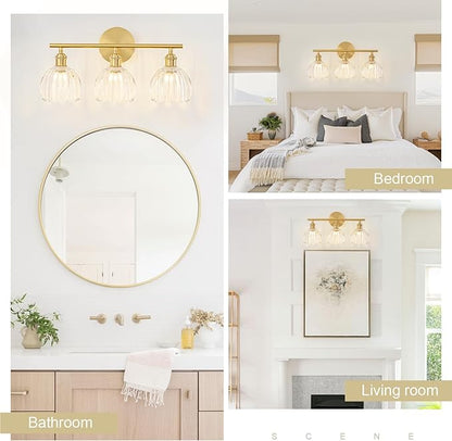 Gold Bathroom Light Fixtures Over Mirror, 3 Light Bathroom Vanity Light Fixture with Tulip Transparent Glass Lampshade, Vintage Vanity Lights for Bathroom, Bathroom Vanity Lights Over Mirror