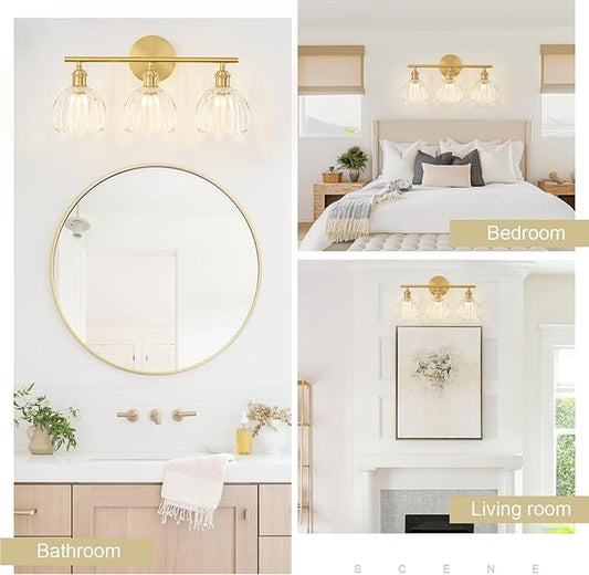 Gold Bathroom Light Fixtures Over Mirror, 3 Light Bathroom Vanity Light Fixture with Tulip Transparent Glass Lampshade, Vintage Vanity Lights for Bathroom, Bathroom Vanity Lights Over Mirror