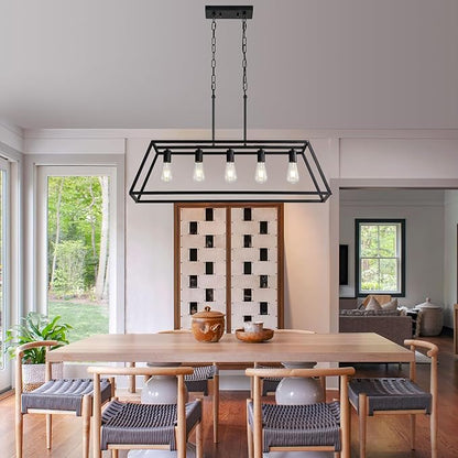 Black 5-Light Farmhouse Kitchen Island Lighting, Modern Industrial Linear Rectangle Chandelier Pendant Light Fixtures, Metal Vintage Cage Chandelier for Dining Room Kitchen Bar Foyer, E26 Base