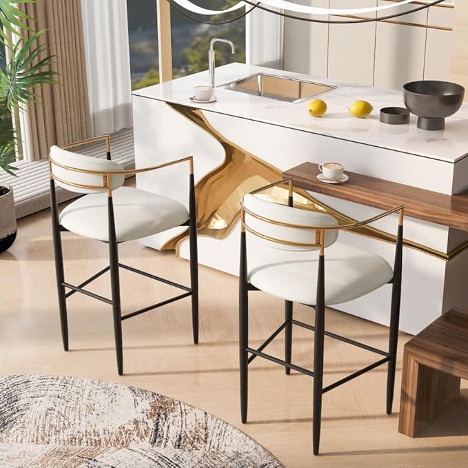 Upholstered Bar Stools with Back for Kitchen Island and Home Bar, 29.75 Inch Seat Height with Water-Resistant PU Leather and Iron Frame