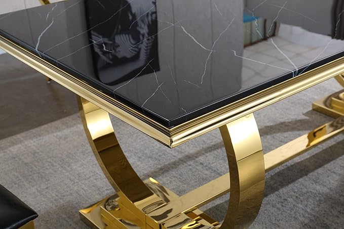 Black Marble Dining Table for 4 6, 70" Dining Room Table with Gold Stainless Steel Frame, Modern Kitchen & Dining Room Tables Rectangle Faux Marble Dinning Dinner Table for 4 6