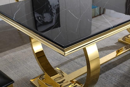 Black Marble Dining Table for 4 6, 70" Dining Room Table with Gold Stainless Steel Frame, Modern Kitchen & Dining Room Tables Rectangle Faux Marble Dinning Dinner Table for 4 6