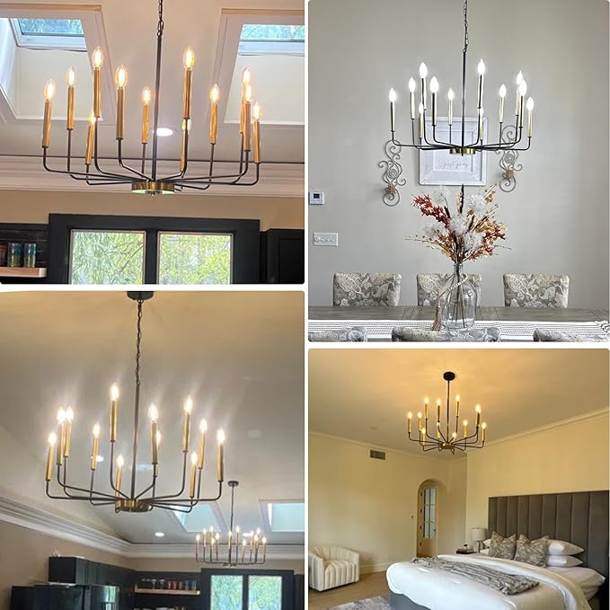 Black and Gold Chandelier for Dining Room, 12-Light Farmhouse Dining Room Light Fixture, Candle Chandelier Light Fixtures, Modern Chandeliers for Living Room Kitchen Foyer Staircase