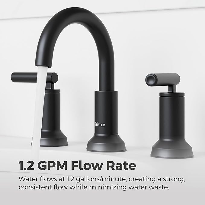 Pfister Capistrano 8 in Widespread 3 Hole Matte Black Bathroom Sink Faucet with 2 Handles, Push & Seal Drain, NSF Certified, Spot Defense Finish for Vanity LF049CSOSDB