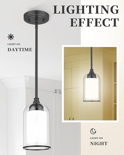 LIROUVET 2 Pack Pendant Lights Kitchen Island, Dual Glass Pendant Lights, Black Hanging Lamp with Clear and Milk Glass, Industrial Pendant Light Fixtures for Dining Room PL02BK-2PK