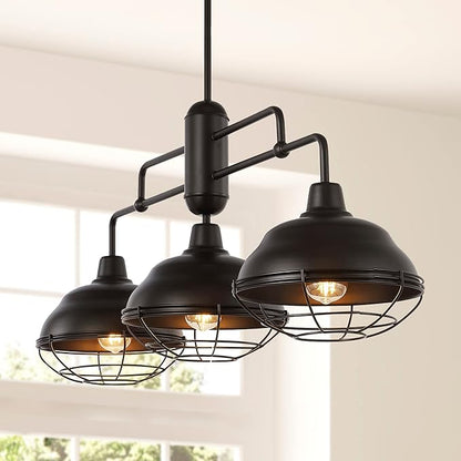 JONATHAN Y 40.5" Oil Rubbed Bronze 3-Light Industrial Farmhouse LED Pendant Light Fixture for Kitchen Island, Dining Room, Adjustable Hanging Ceiling Lamp, Iron Cage Metal Shade (JYL1119A)