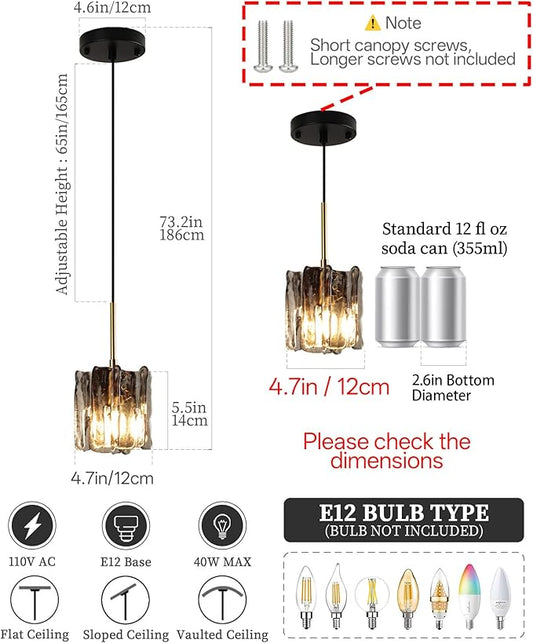 Modern Vintage Mid-Century Single Pendant Light, Mini Hanging Smoked Ice-Textured Glass Ceiling Light Fixture for Kitchen Island Lighting Over Dining Room, Bedroom, Bar Lamp