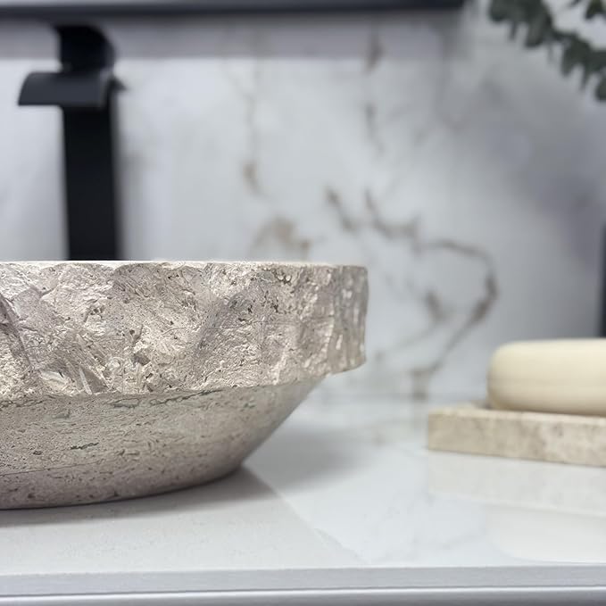 Shades of Nature Round Travertine Vessel Sink, Natural Stone Wash Basin, Hand-Carved Bathroom Sink, Chiseled Exterior, Polished Interior, Above Counter Vanity (Soap Tray Included)