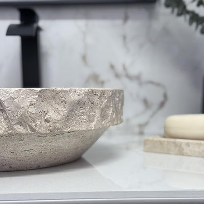 Shades of Nature Round Travertine Vessel Sink, Natural Stone Wash Basin, Hand-Carved Bathroom Sink, Chiseled Exterior, Polished Interior, Above Counter Vanity (Soap Tray Included)