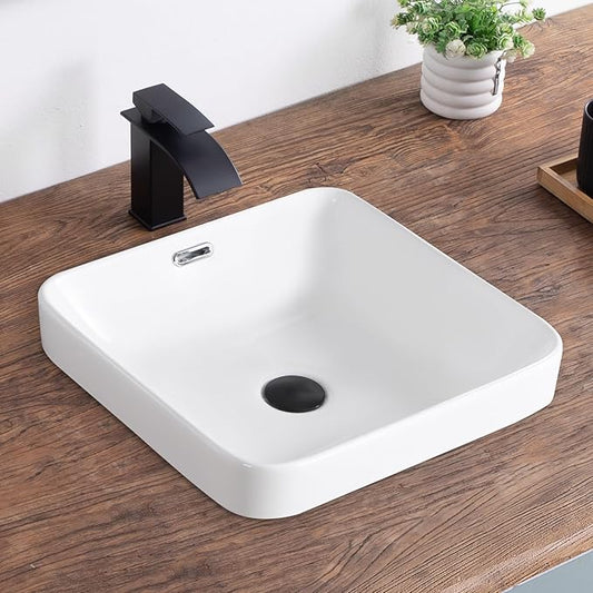 Bathroom Vessel Sink 16.6" X 16.6" Semi Recessed Bathroom Sink Square Drop In Bathroom Sinks with Overflow White Ceramic Vessel Sinks for Bathroom Modern Above Counter Basin Vanity Sink