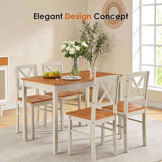 Majnesvon 5 Piece Dining Table Set for 4, Farmhouse Kitchen Table Set with Chairs, Wood Dining Table Chair for Kitchen, Restaurant, Apartment (Grey+Brown)